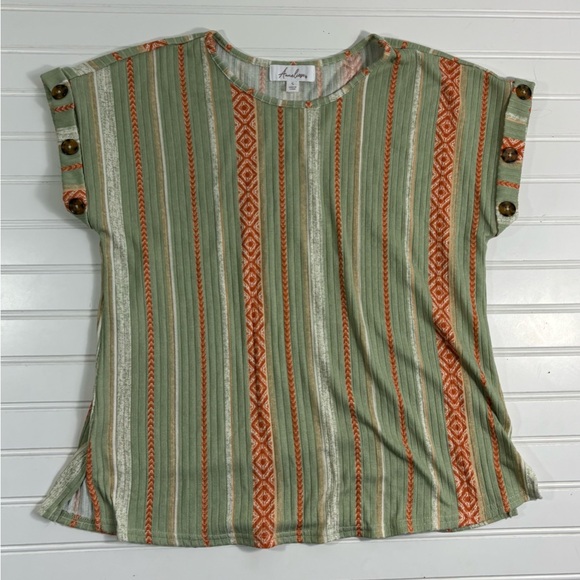 Anneliese Boho Stripe Knit Top Short Sleeve Shirt Women’s Size Small Green - Picture 8 of 15
